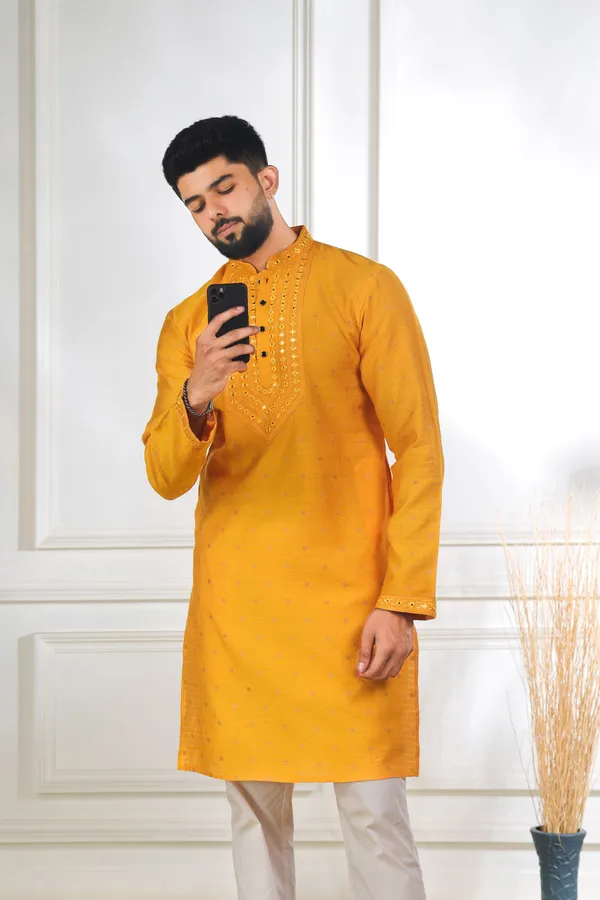 Yellow_Silk_Jacquard_Embroidered_Neck_with_Mirror_Work_Kurta