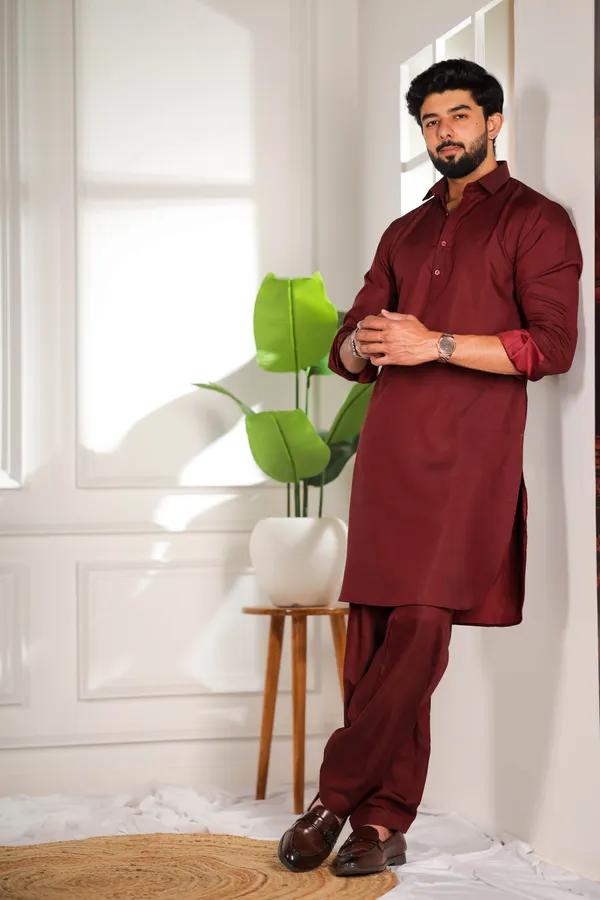Maroon_Cotton_Satin_Pathani_Set