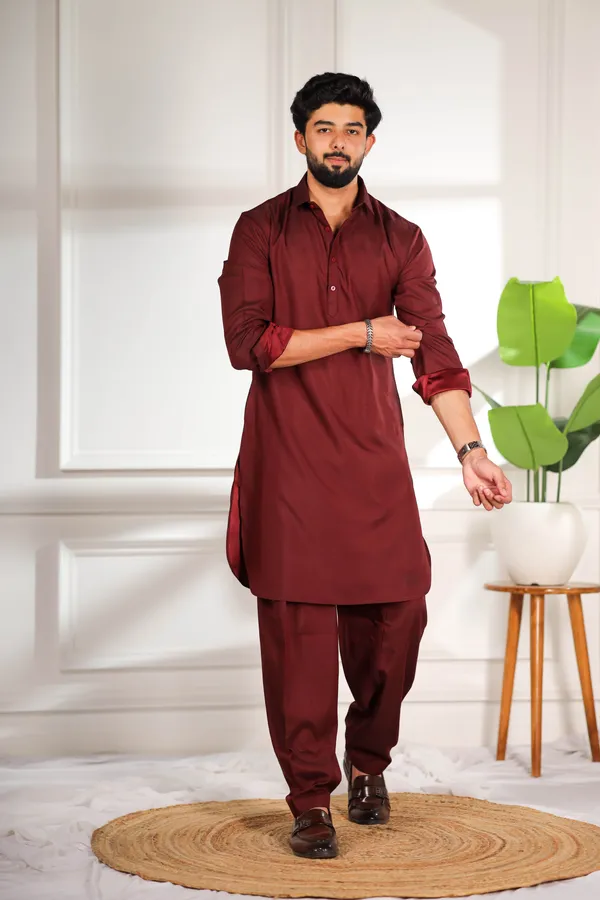 Maroon_Cotton_Satin_Pathani_Set
