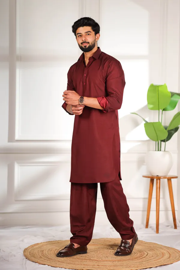 Maroon_Cotton_Satin_Pathani_Set
