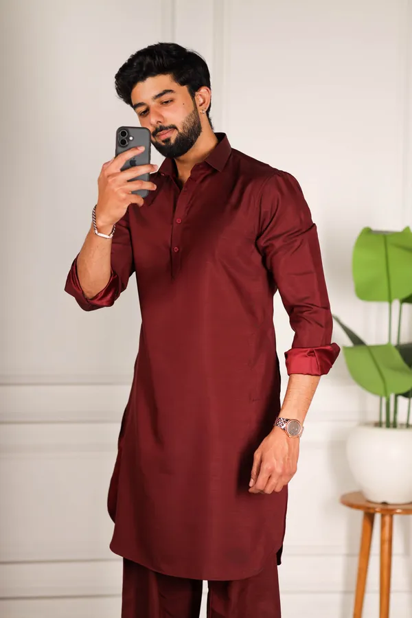 Maroon_Cotton_Satin_Pathani_Set