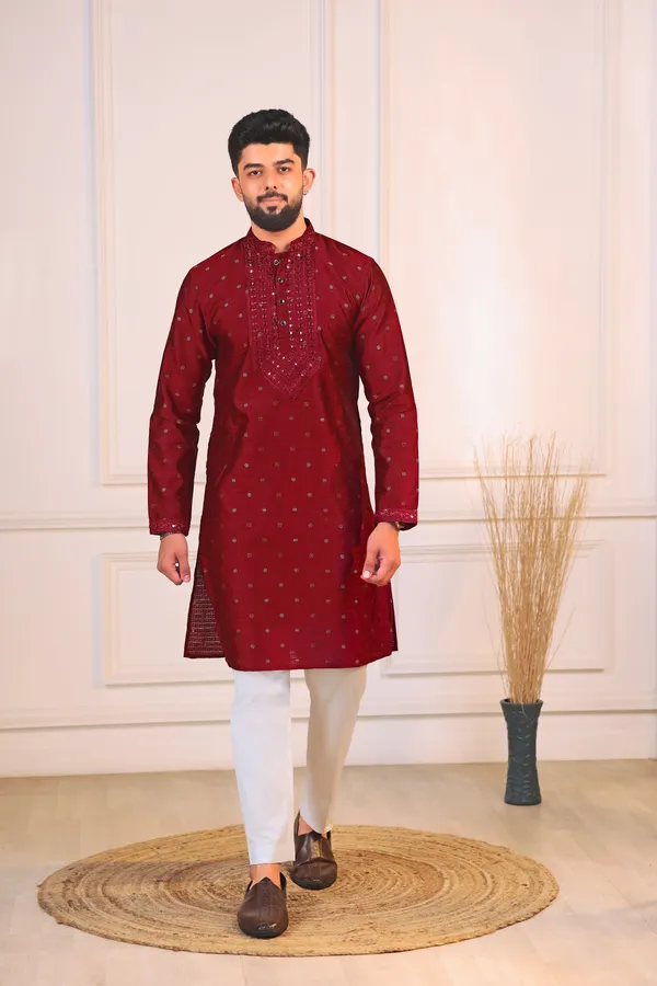 Maroon_Silk_Jacquard_Embroidered_Neck_with_Mirror_Work_Ethnic_Set