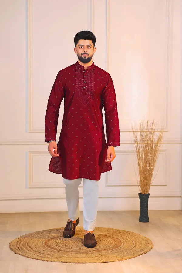 Maroon_Silk_Jacquard_Embroidered_Neck_with_Mirror_Work_Ethnic_Set