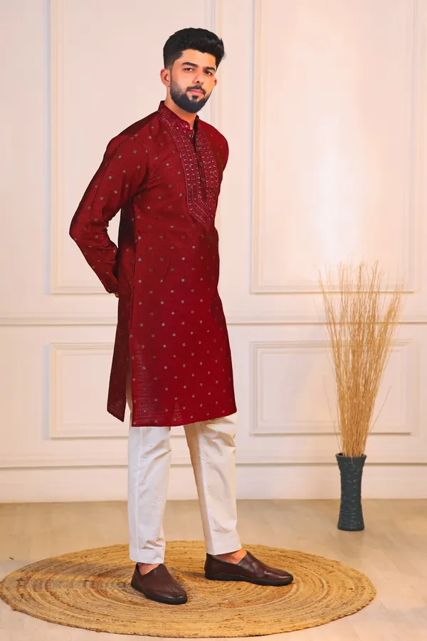 Maroon_Silk_Jacquard_Embroidered_Neck_with_Mirror_Work_Ethnic_Set