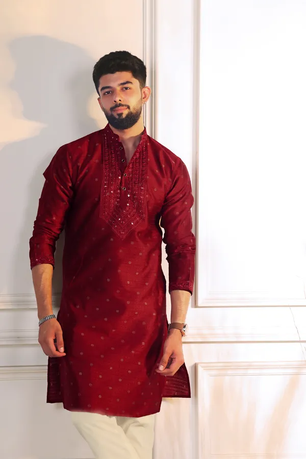 Maroon_Silk_Jacquard_Embroidered_Neck_with_Mirror_Work_Ethnic_Set