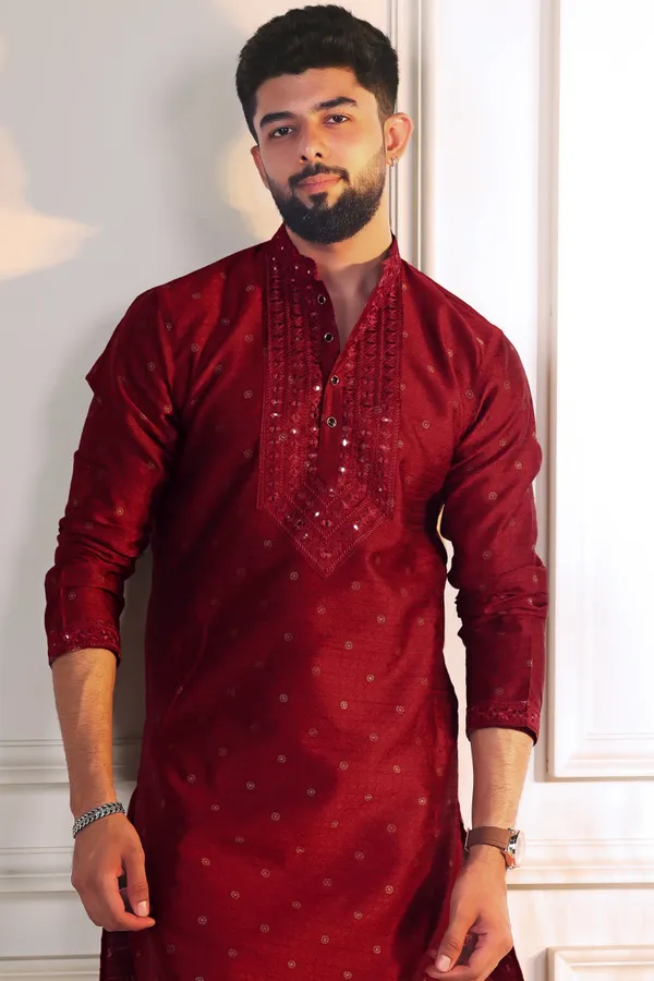 Maroon_Silk_Jacquard_Embroidered_Neck_with_Mirror_Work_Ethnic_Set