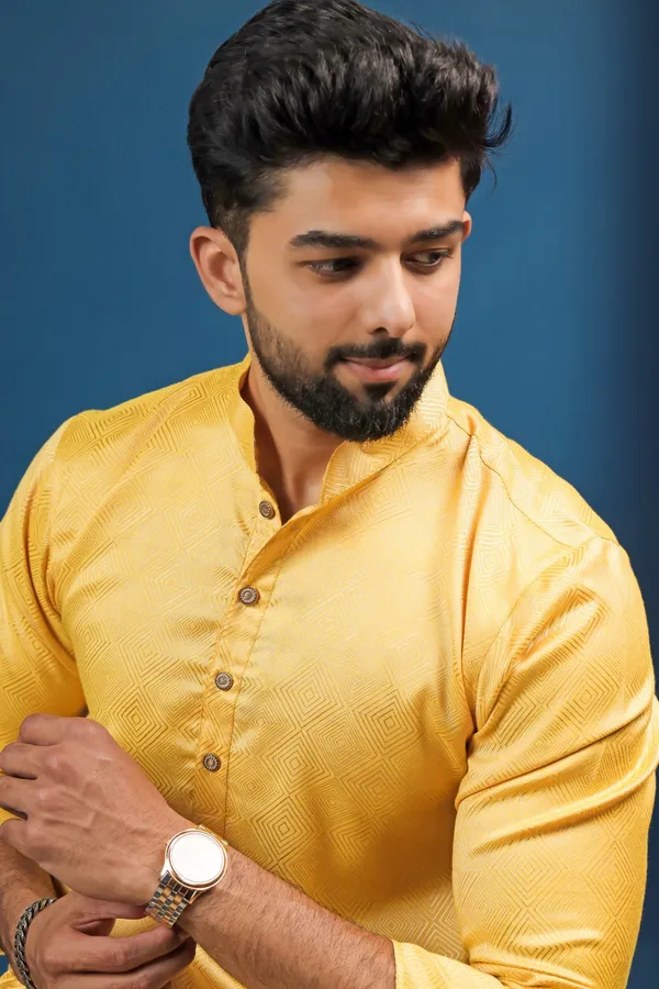 Yellow_Cotton_Silk_Jacquard_Texture_Kurta