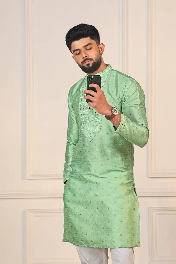 Light_Green_Silk_Jacquard_Embroidered_Neck_with_Mirror_Work_Ethnic_Set