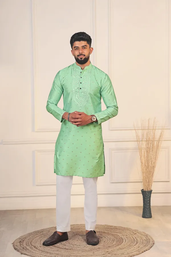 Light_Green_Silk_Jacquard_Embroidered_Neck_with_Mirror_Work_Ethnic_Set