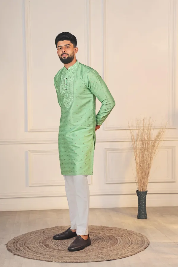 Light_Green_Silk_Jacquard_Embroidered_Neck_with_Mirror_Work_Ethnic_Set