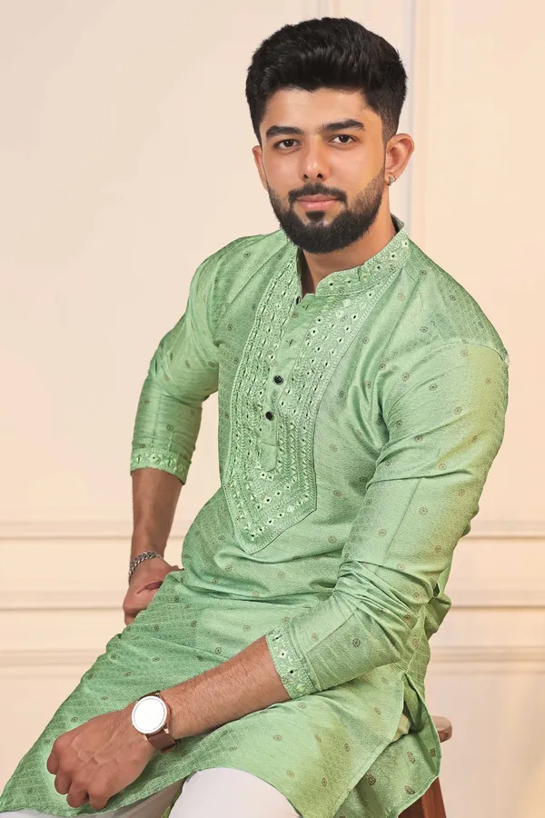 Light_Green_Silk_Jacquard_Embroidered_Neck_with_Mirror_Work_Ethnic_Set