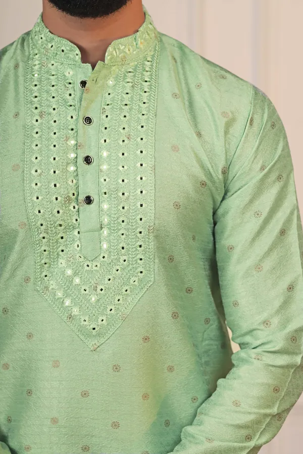 Light_Green_Silk_Jacquard_Embroidered_Neck_with_Mirror_Work_Ethnic_Set