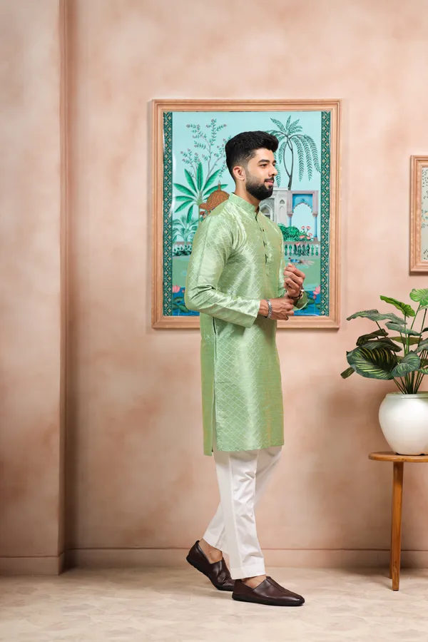 Light_Green_Silk_Jacquard_Woven_Texture_Kurta