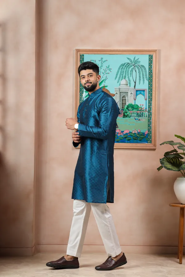 Teal_Silk_Jacquard_Woven_Texture_Kurta