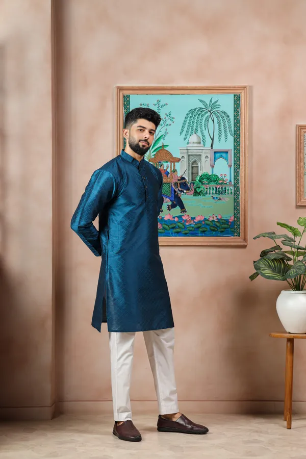 Teal_Silk_Jacquard_Woven_Texture_Kurta