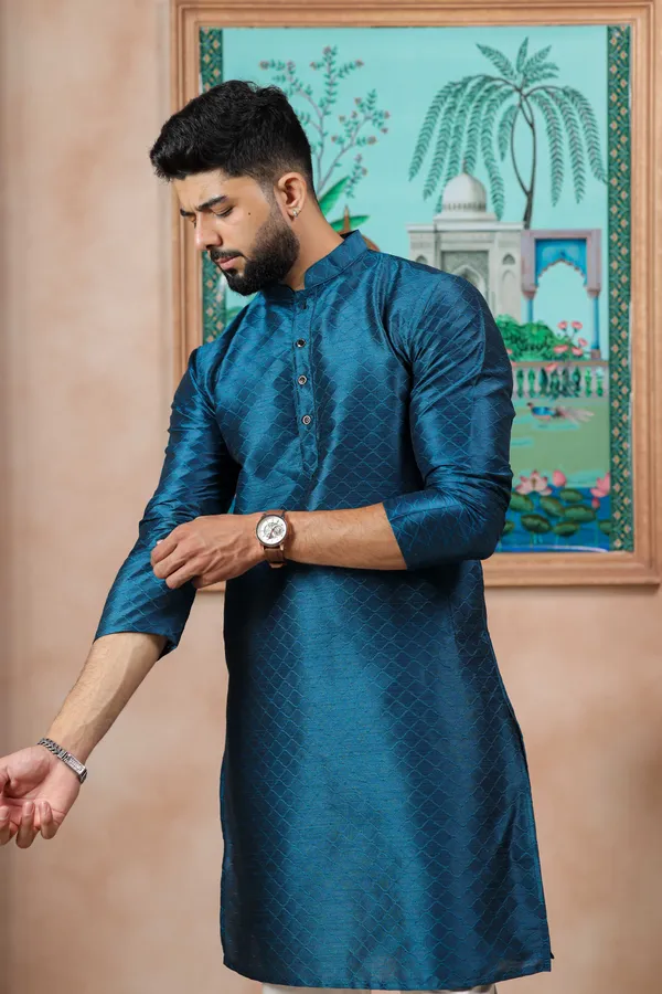 Teal_Silk_Jacquard_Woven_Texture_Kurta