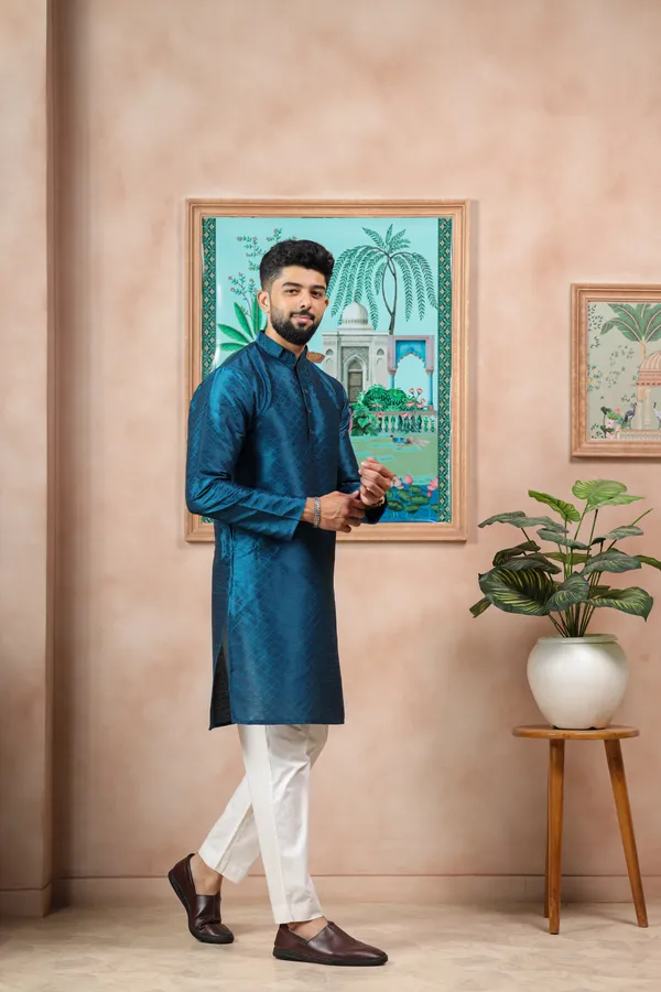 Teal_Silk_Jacquard_Woven_Texture_Kurta