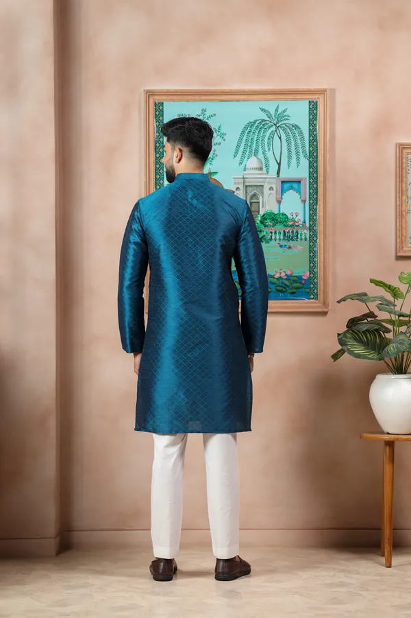 Teal_Silk_Jacquard_Woven_Texture_Kurta