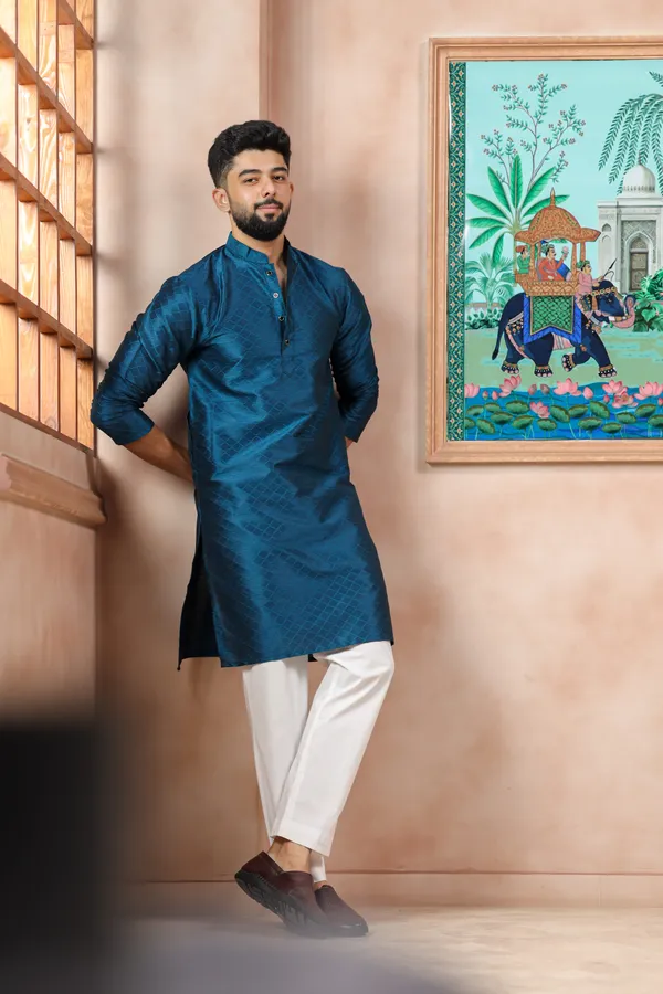 Teal_Silk_Jacquard_Woven_Texture_Kurta