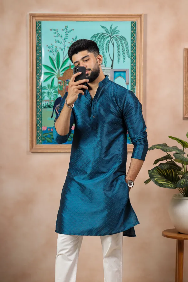 Teal_Silk_Jacquard_Woven_Texture_Kurta
