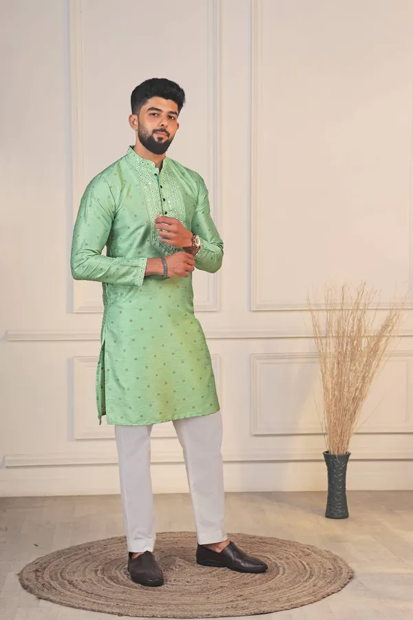 Light_Green_Silk_Jacquard_Embroidered_Neck_with_Mirror_Work_Kurta