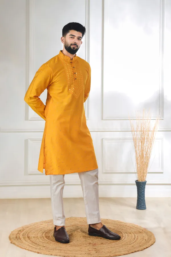Yellow_Silk_Jacquard_Embroidered_Neck_with_Mirror_Work_Ethnic_Set