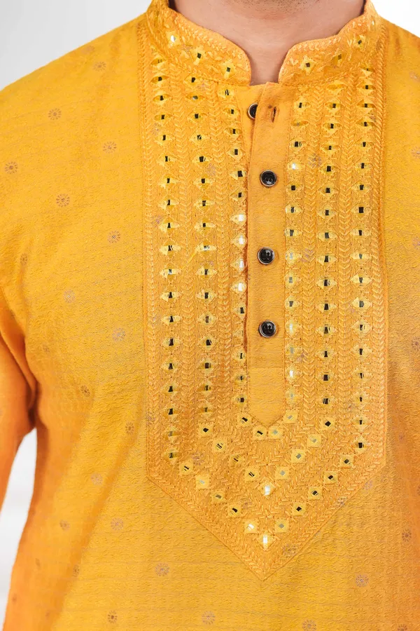 Yellow_Silk_Jacquard_Embroidered_Neck_with_Mirror_Work_Ethnic_Set