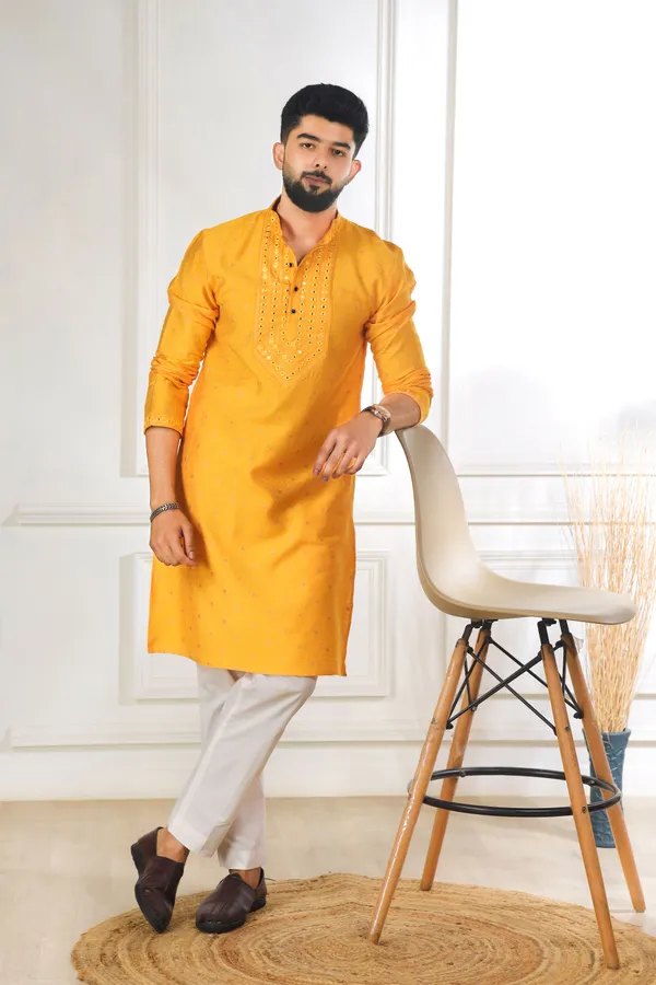 Yellow_Silk_Jacquard_Embroidered_Neck_with_Mirror_Work_Ethnic_Set