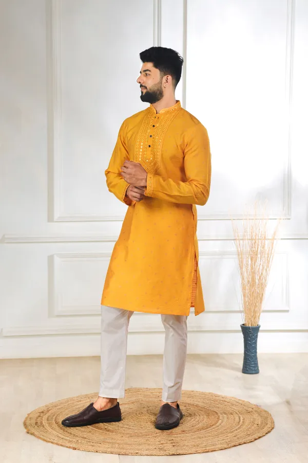 Yellow_Silk_Jacquard_Embroidered_Neck_with_Mirror_Work_Ethnic_Set