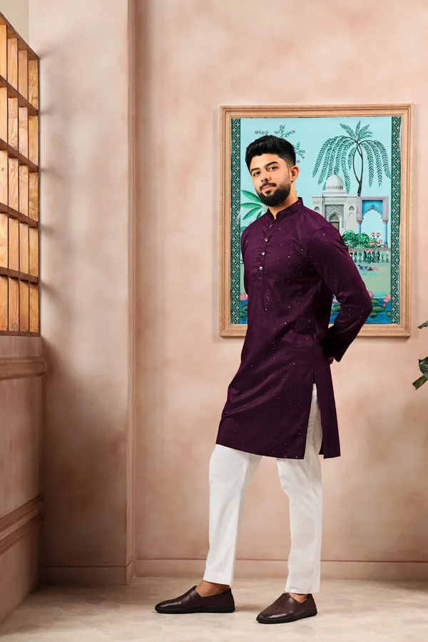 Wine_Cotton_Silk_Dobby_Texture_with_Sequins_Kurta