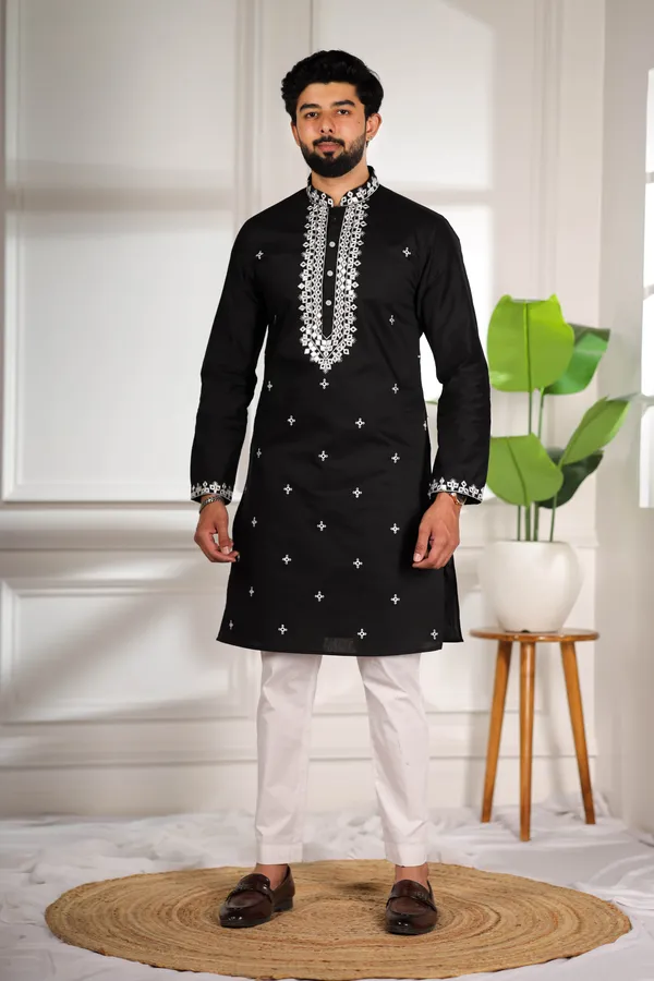 Black_Cotton_Embroidered_Neck_with_Mirror_Work_Kurta