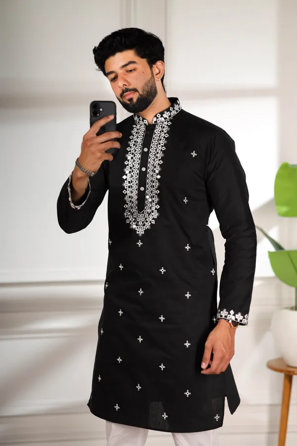 Black_Cotton_Embroidered_Neck_with_Mirror_Work_Kurta