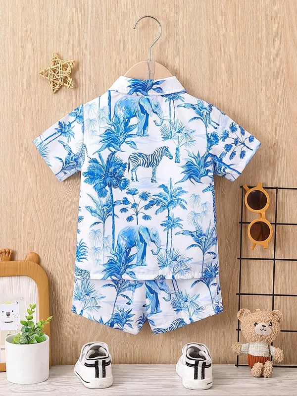 White_&_Blue_2-Piece_Toddler_Hawaiian_Tropical_Print_Shirt_&_Shorts_Set_For_Boys