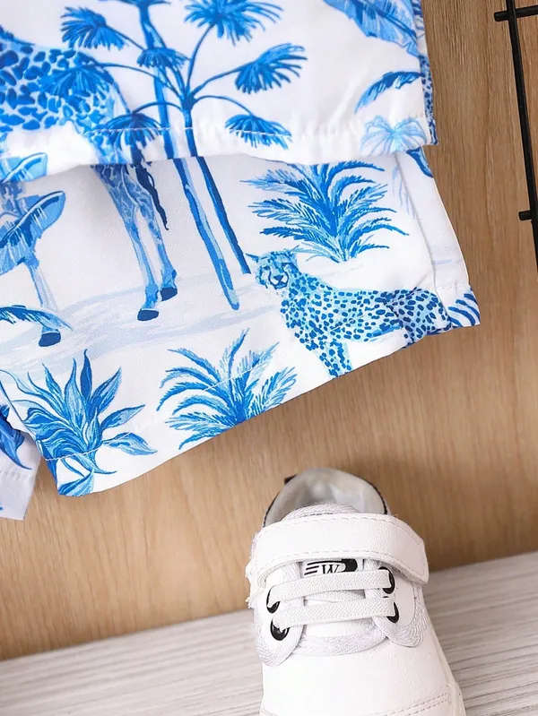 White_&_Blue_2-Piece_Toddler_Hawaiian_Tropical_Print_Shirt_&_Shorts_Set_For_Boys
