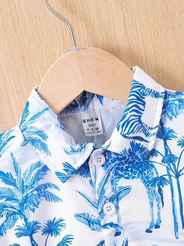 White_&_Blue_2-Piece_Toddler_Hawaiian_Tropical_Print_Shirt_&_Shorts_Set_For_Boys