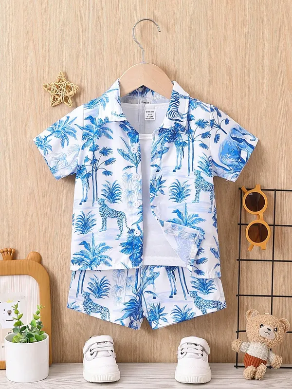 White_&_Blue_2-Piece_Toddler_Hawaiian_Tropical_Print_Shirt_&_Shorts_Set_For_Boys