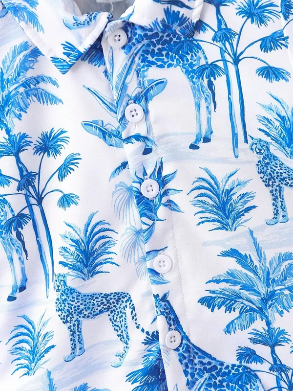 White_&_Blue_2-Piece_Toddler_Hawaiian_Tropical_Print_Shirt_&_Shorts_Set_For_Boys