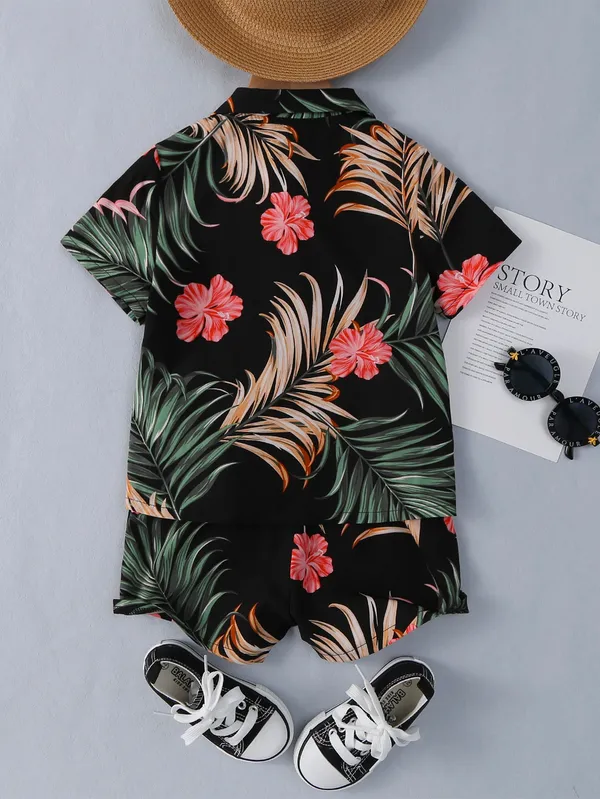 Multicolor_Toddler_Dinosaur_Print_Button-Up_Shirt_&_Shorts_Set_For_Boys