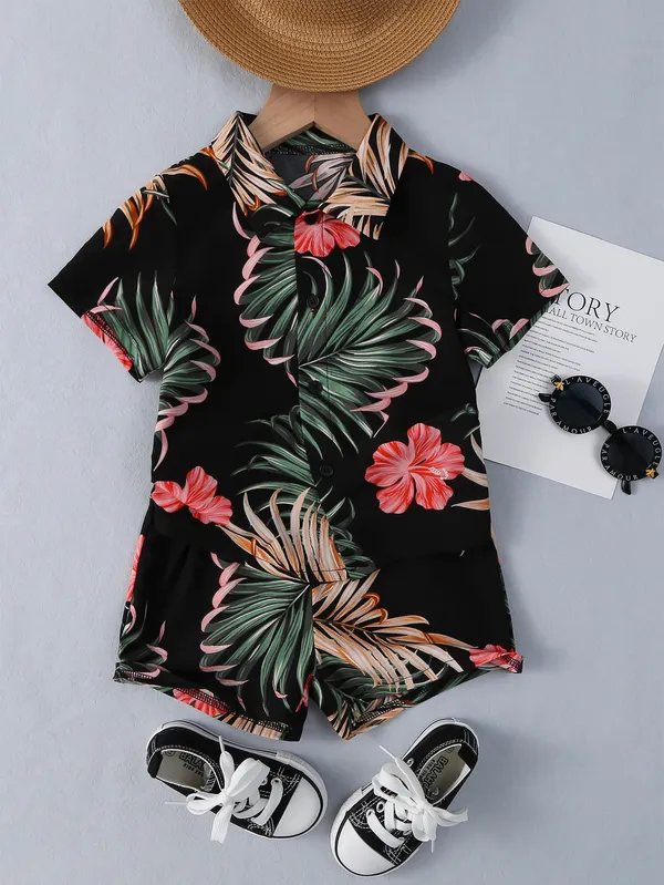 Multicolor_Toddler_Dinosaur_Print_Button-Up_Shirt_&_Shorts_Set_For_Boys