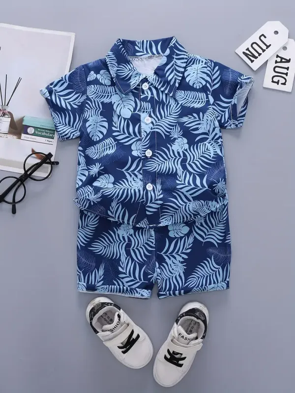 Multicolor_Toddler_Palm_Tree_Print_Button-Up_Shirt_&_Shorts_Set_For_Boys_&_Girls