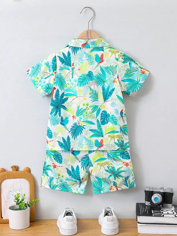 White_&_Blue_Green_Kids_Cotton_Linen_Long_Sleeve_Shirt_And_Elastic_Waist_Short_Set