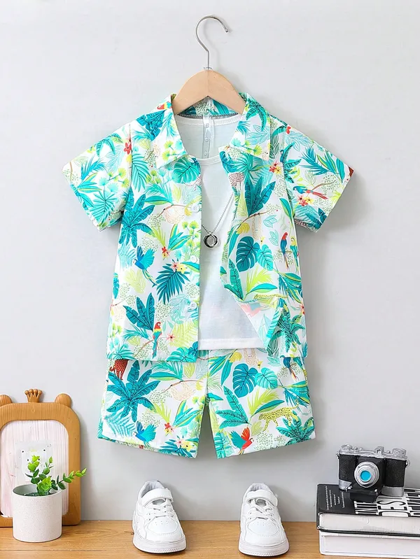 White_&_Blue_Green_Kids_Cotton_Linen_Long_Sleeve_Shirt_And_Elastic_Waist_Short_Set