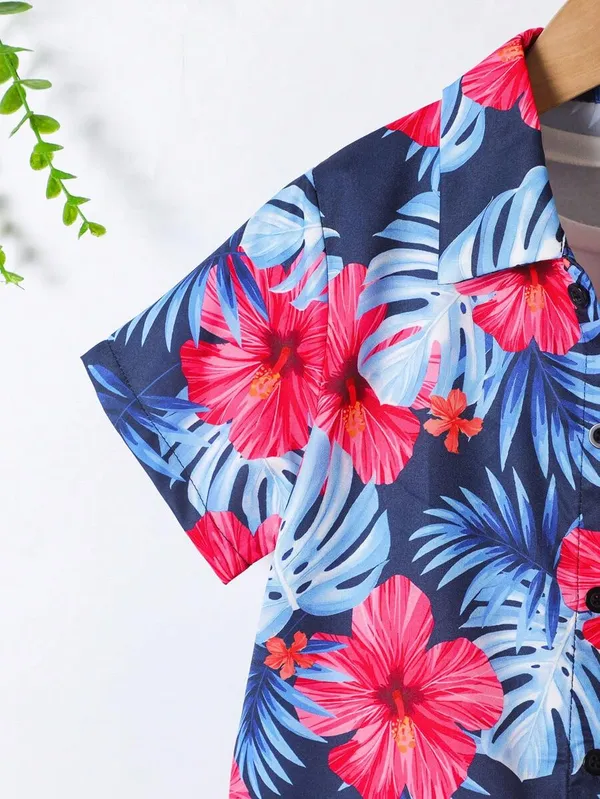 Multicolor_Toddler_Hawaiian_Floral_Print_Button-Up_Shirt_&_Shorts_Set_For_Boys