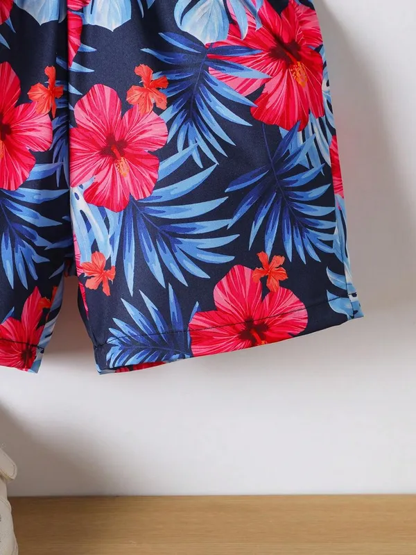 Multicolor_Toddler_Hawaiian_Floral_Print_Button-Up_Shirt_&_Shorts_Set_For_Boys