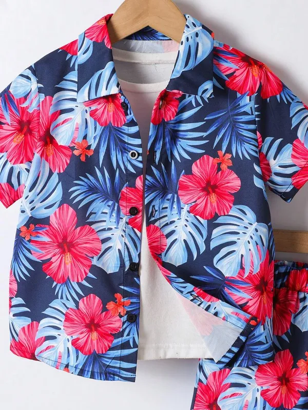Multicolor_Toddler_Hawaiian_Floral_Print_Button-Up_Shirt_&_Shorts_Set_For_Boys