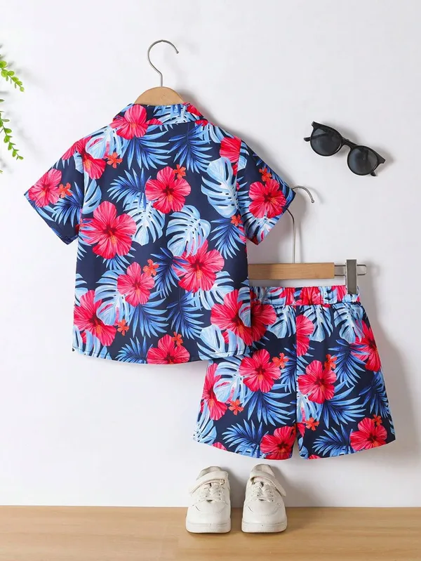 Multicolor_Toddler_Hawaiian_Floral_Print_Button-Up_Shirt_&_Shorts_Set_For_Boys