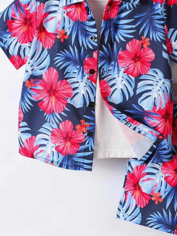 Multicolor_Toddler_Hawaiian_Floral_Print_Button-Up_Shirt_&_Shorts_Set_For_Boys