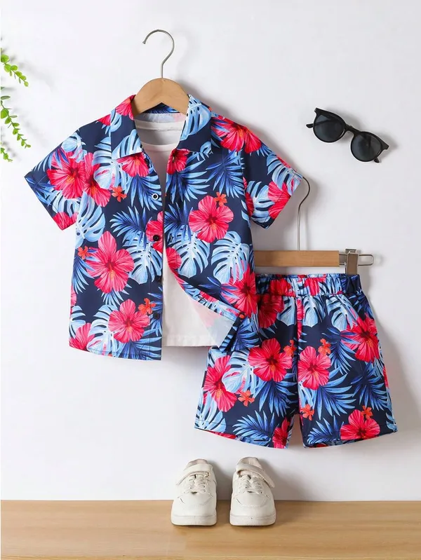 Multicolor_Toddler_Hawaiian_Floral_Print_Button-Up_Shirt_&_Shorts_Set_For_Boys