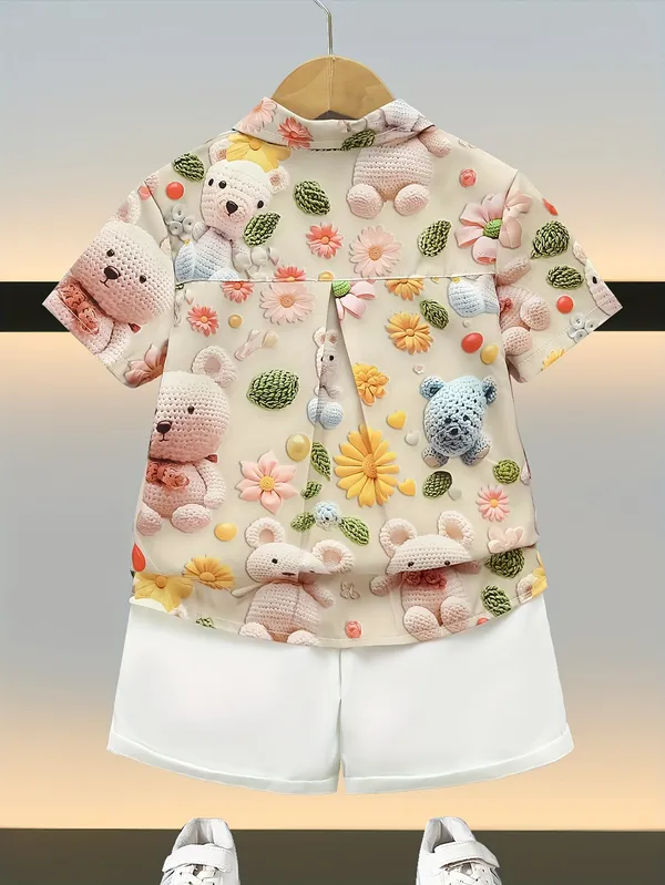 Beige_Extured_Knit_Polo_&_Shorts_Set_For_Kids