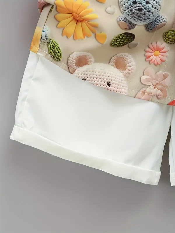 Beige_Extured_Knit_Polo_&_Shorts_Set_For_Kids